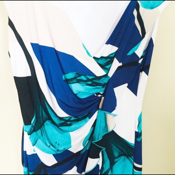 CLEO PETITES Floral Flutter Trim Dress With V Cut & Cap Sleeves Teal/Blue Small - Picture 6 of 9